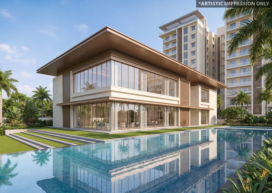 Swimming pool deck at sunset — representative image, Godrej Global Business City